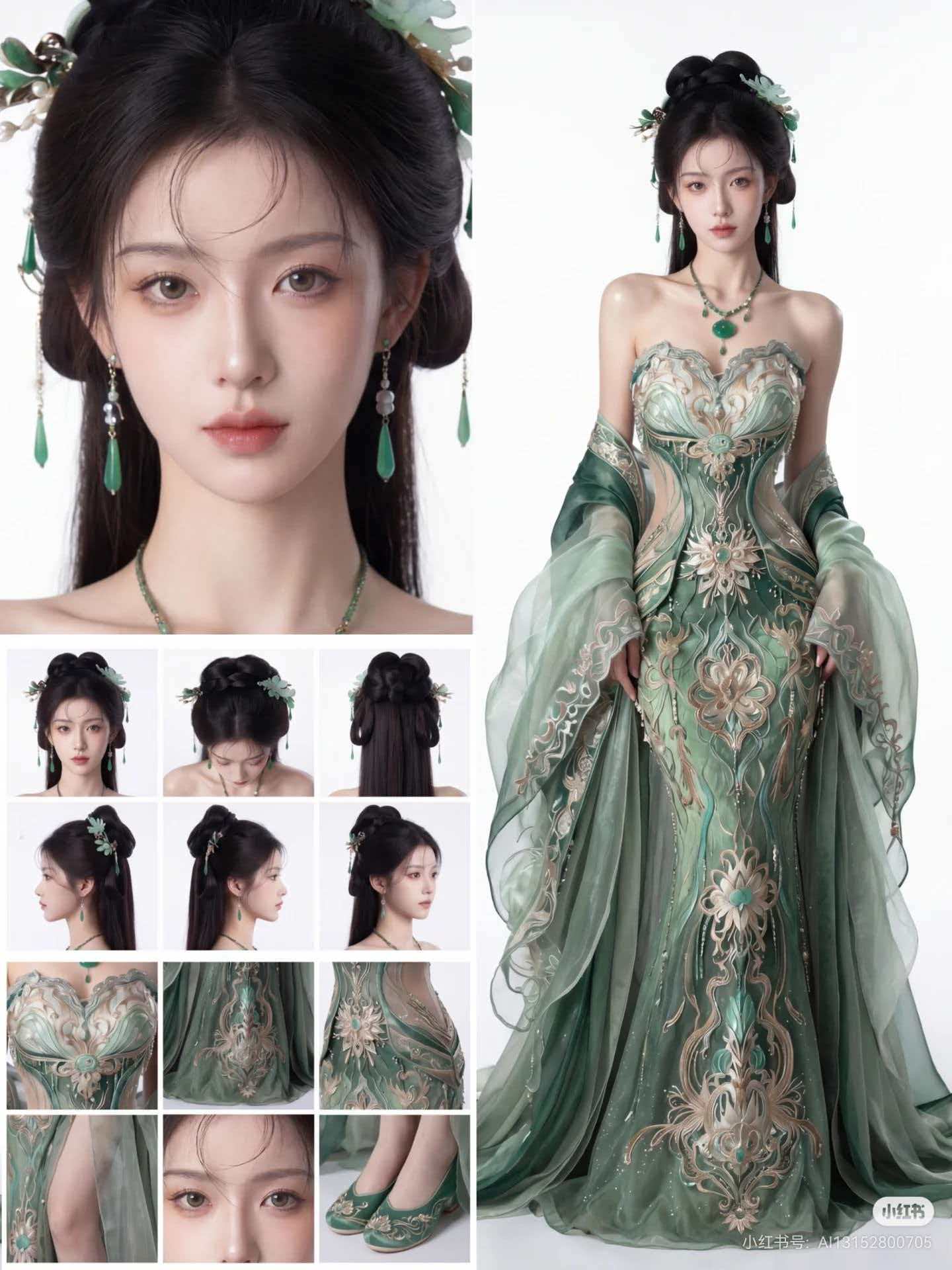 新中式东方女性高级定制时装 · 墨绿金丝刺绣礼服AI提示词